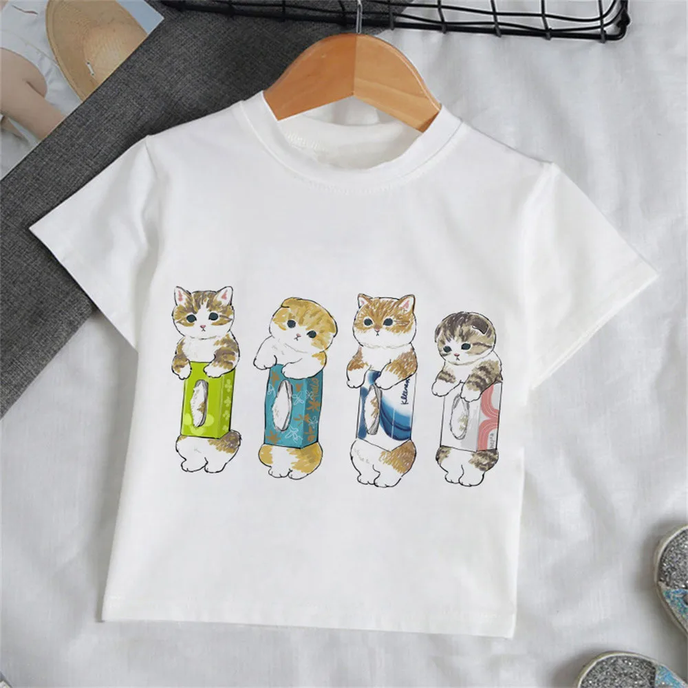 Girls Cartoon Cat T Shirt Tee Fashion Kids 3-12 Years Outdoor Clothes for Children Teenagers T-Shirt 10 Years Old Girls Clothes