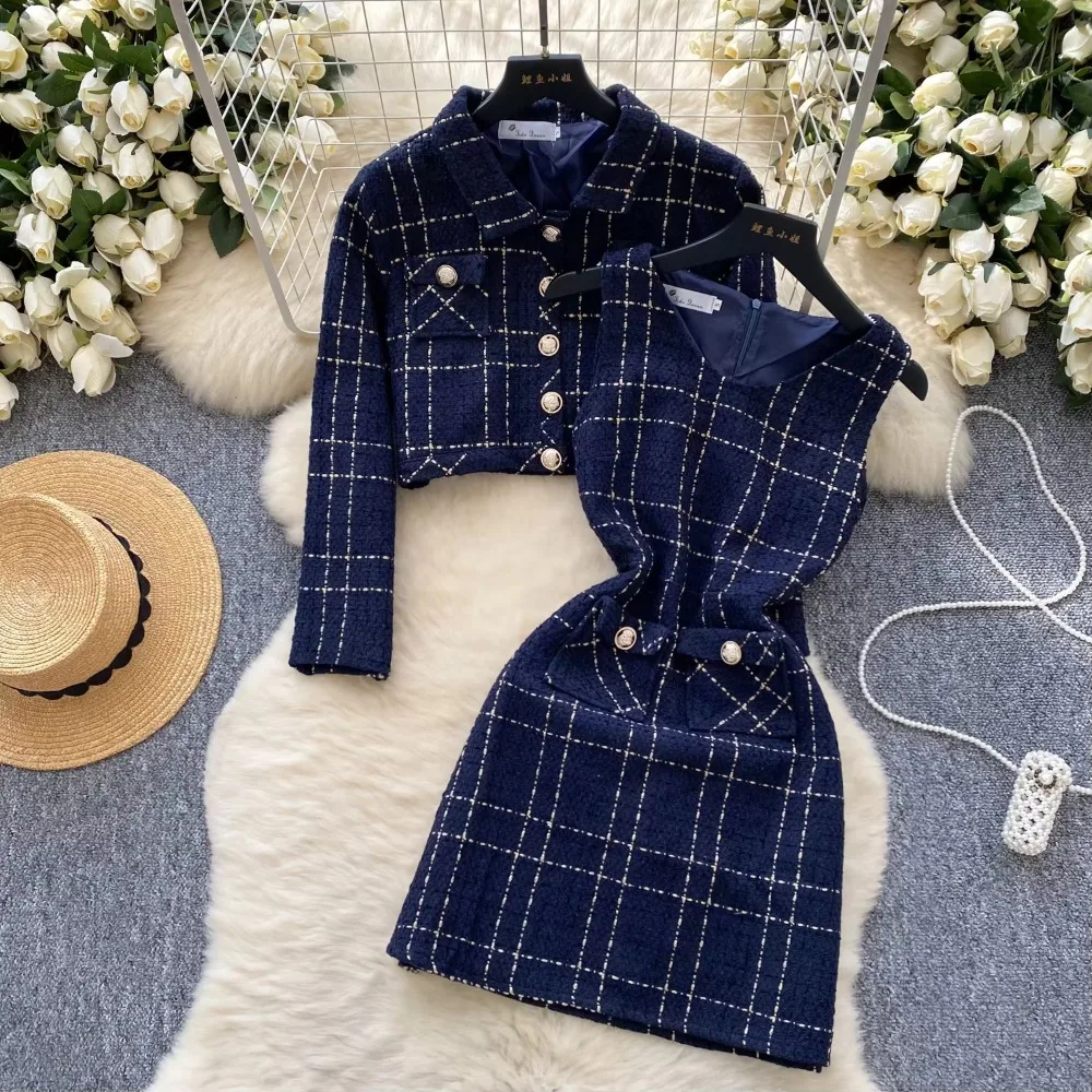 Chic Plaid Women Two-Piece Sets Slim Metal Single Breasted Jacket Top and Sleeveless V-neck Dress Korean High Street Clothing