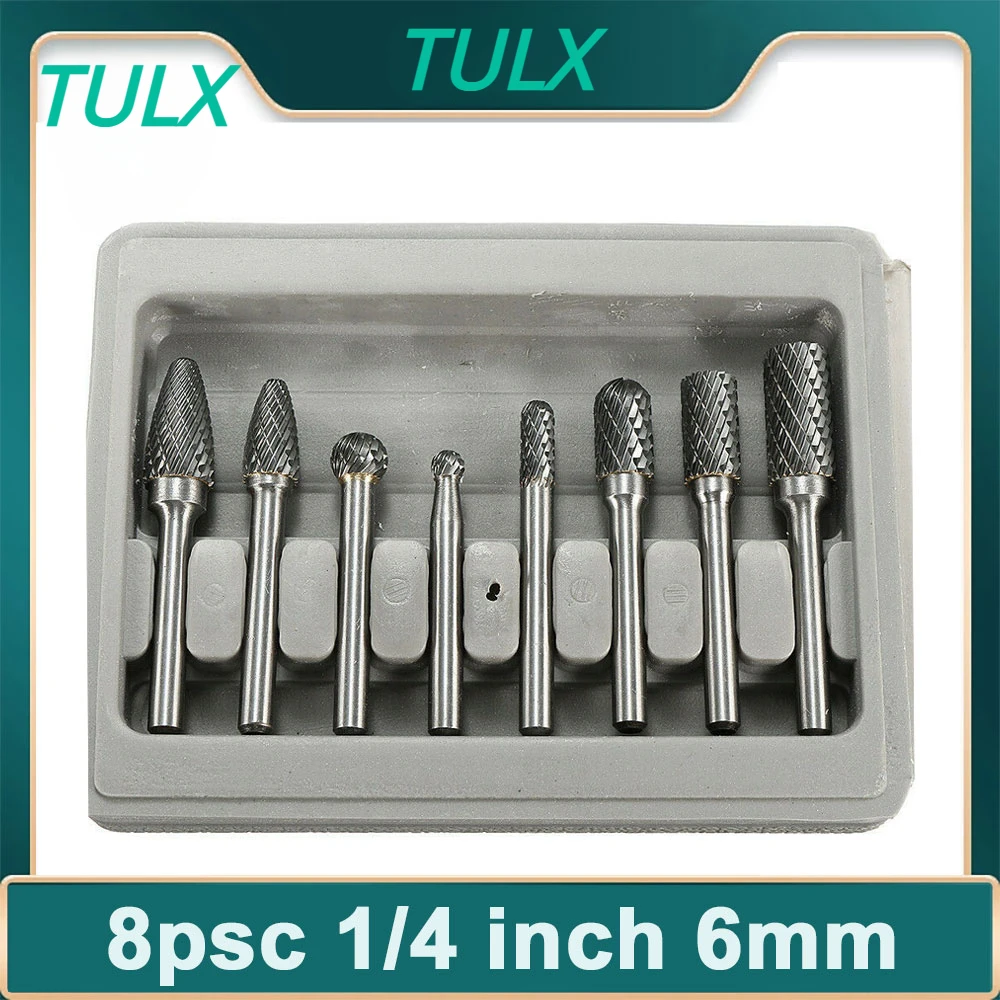 TULX 8pcs/set 1/4 Inch 6mm Tungsten Carbide Burr Bits Rotary Files CNC Engraving Tool Set For Power Tool