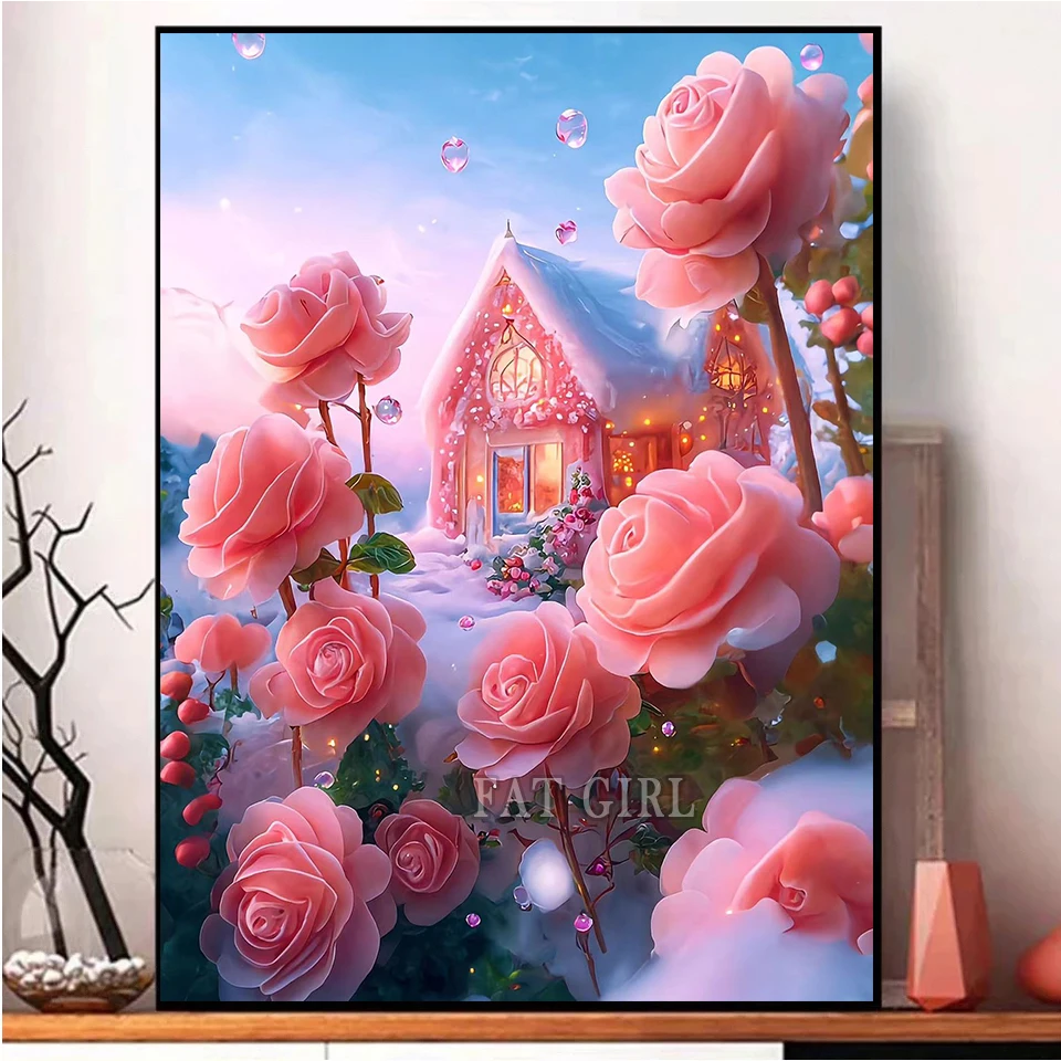 New Dream Flower House Diamond Painting Rose Castle Diy Full Diamond Mosaic Embroidery Rhinestone Landscape Picture Wall Decor