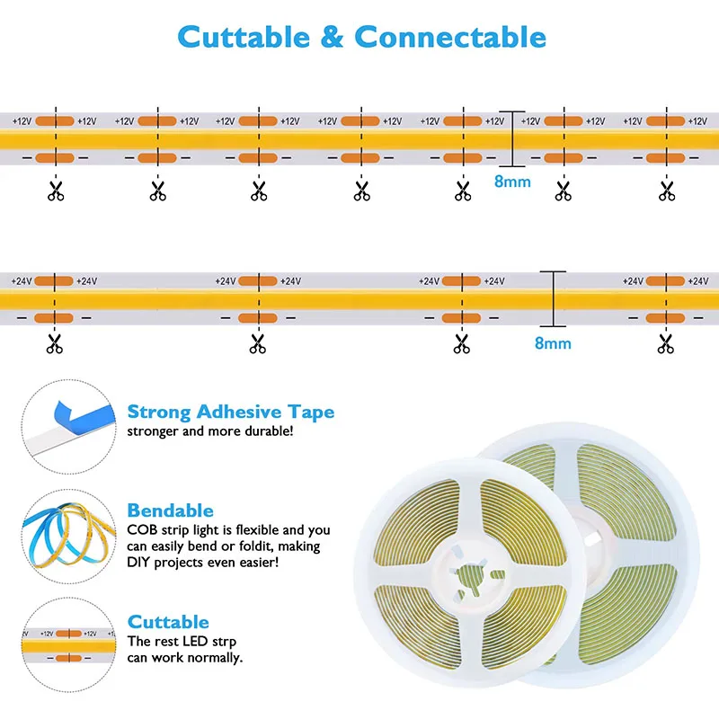 شريط LED مرن 12 فولت/24 فولت COB، 320 مصباح LED/م، مناسب لتزيين الغرفة أضواء LED RA90 عالية الكثافة، أبيض/دافئ/ضوء محايد. #3