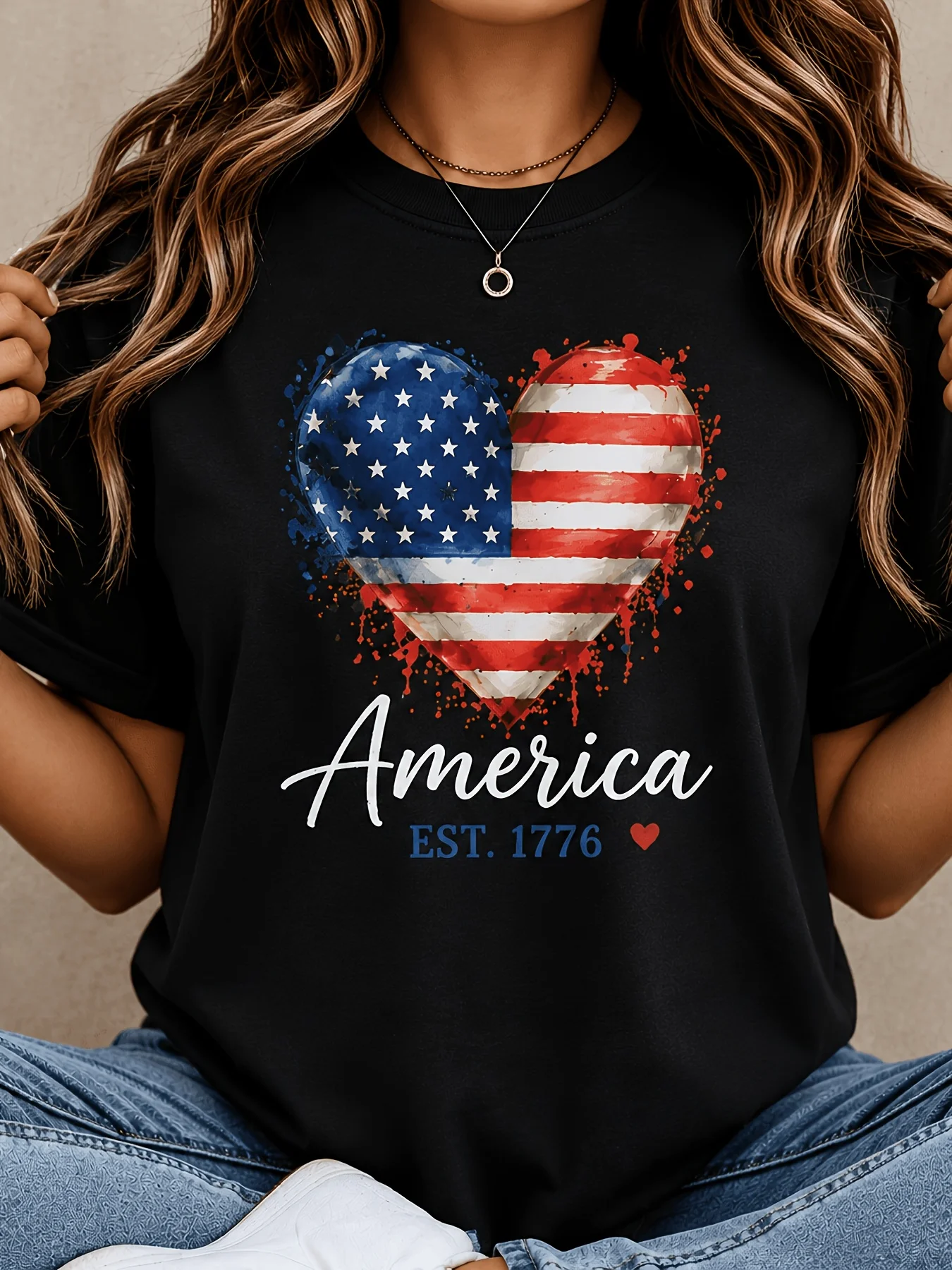 Plus Size America Heart Flag Graphic Tee, Women'S Patriotic Short Sleeve T-Shirt, USA Heart Print Casual Top, Est. 1776 Red White Blue Summer Shirt, 4Th of July Memorial Day Independence Day Outfit, Everyday wear T-Shirt Gift for Women