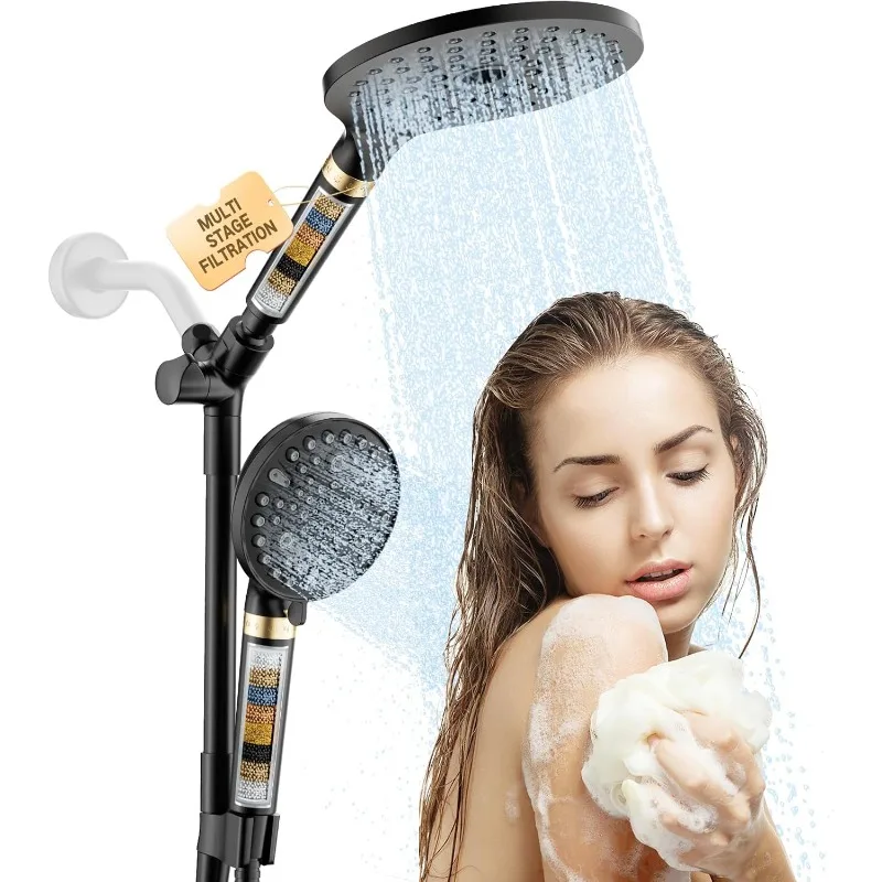 Filtered rain shower head with hand spray combination, high pressure dual shower head combination, with extra long hose