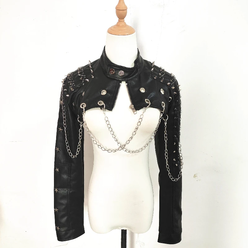 European American Gothic Punk Hot Girl Rivet Chain Women's Jacket New Stand-Up Neck Long Sleeve Short PU Leather Coat Ladies