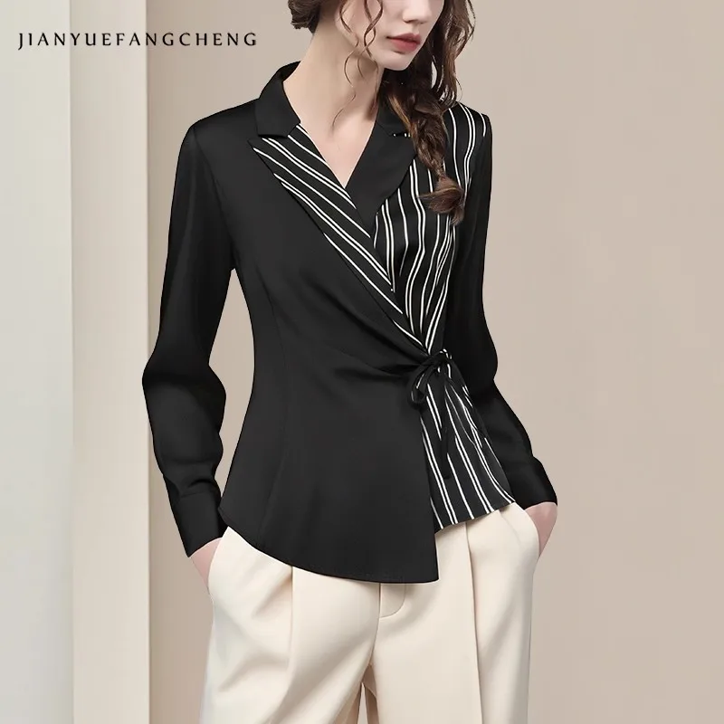

Fashion Color Block Asymmetrical Women' Long Sleeve Satin Blouse Elegant Skinny Female Work Office Lapel Collar Shirt Tops