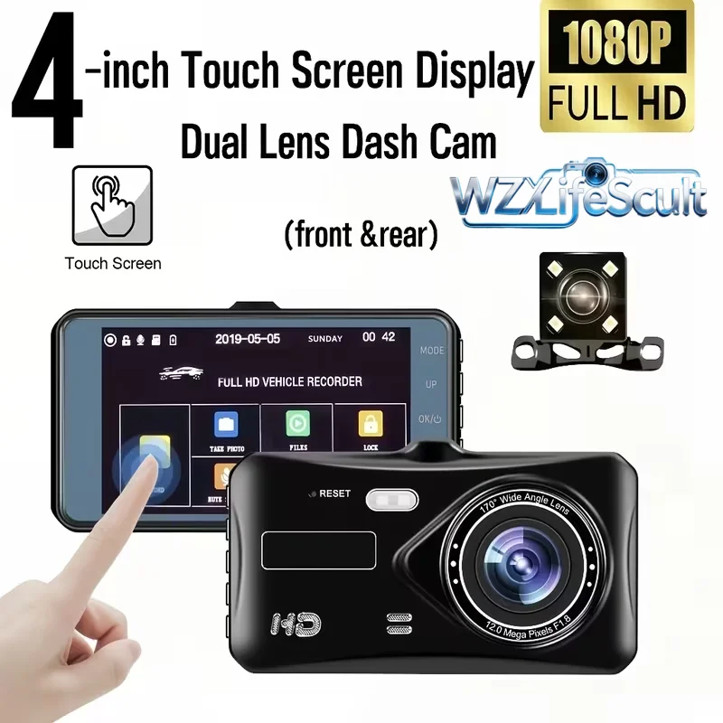 4 Inch Touch Screen Rear View Mirror Dual Channel Dash Cam, 1080P Full HD Front & Rear Simultaneous Recording, Starlight Night Vision, Ultra Wide Angle Lens, Auto Loop Recording, Suction Cup Easy Install, Universal Fit for All Vehicles