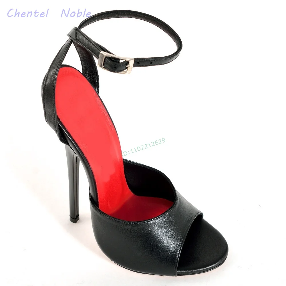 

Black Patent Leather Round Toe Sandals Thin High Heels Ankle Strap Buckle Peep Toe Women Stiletto Summer Shoes 2024 New Arrivals