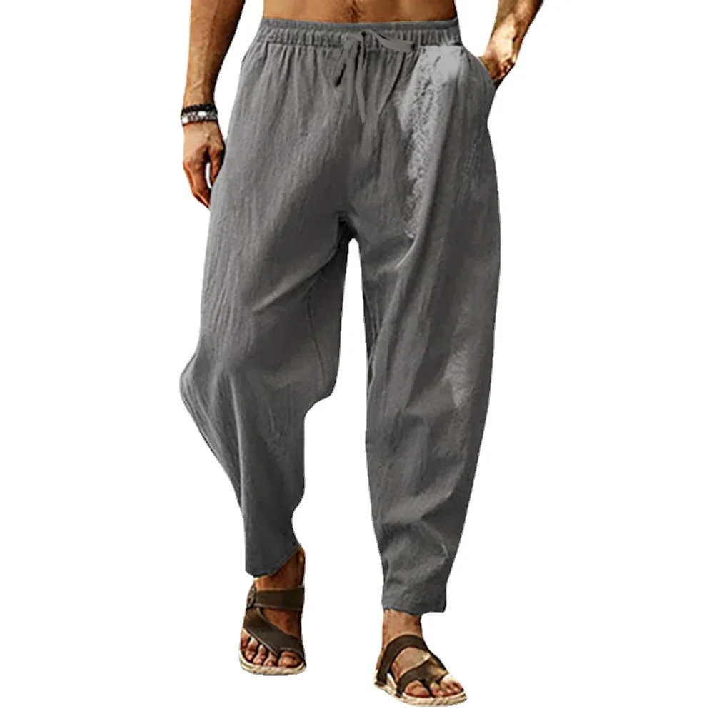 Summer New  Men\'s Breathable Pants Cotton and Linen Male Solid Color Mens Versatile BasicTrousers Loose Fitness Causal Plus Size