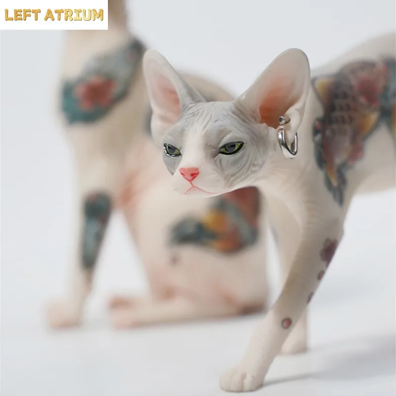 Mini Hairless Cat Model Creative Tattoo Cat Resin Simulation Animal Statue Decoration Modern Car Home Decoration Accessories