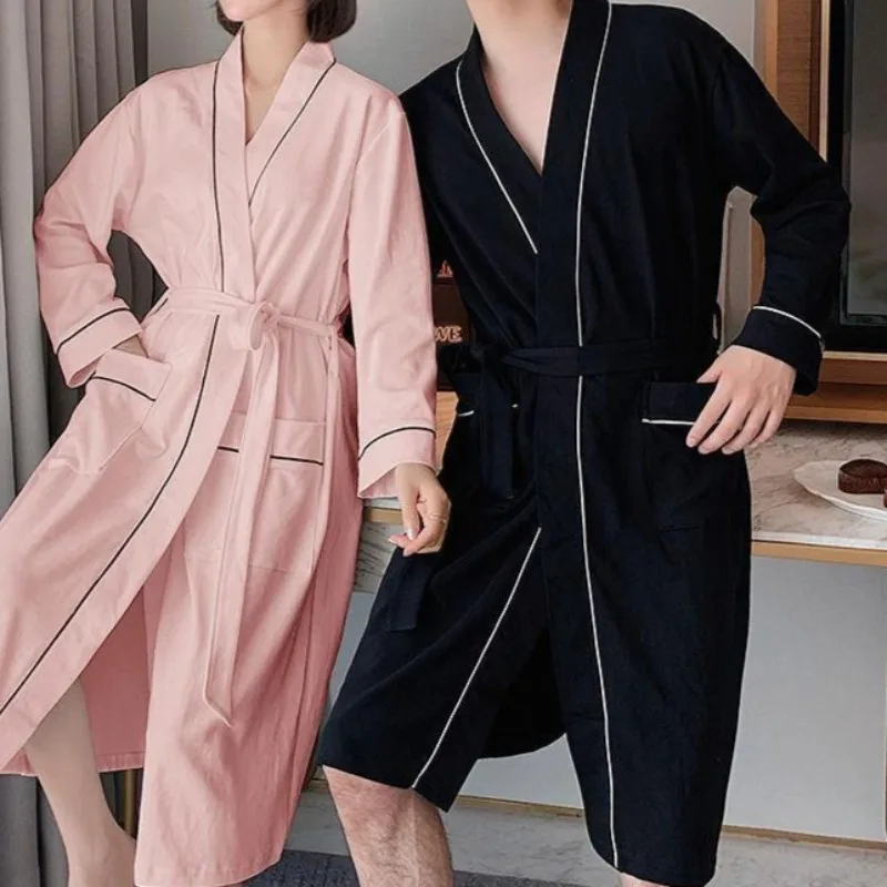 

Spring Autumn Long Sleeve Cotton Checked Bath Robe Sleepwear Hotel Style Women Bathrobe Couple Set Solid Color Minimalist Pajama