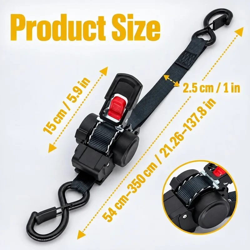 Automatic Retractable Tie Down Straps Heavy Duty Self Tightening Cargo Belt Ratchet Tensioner Fast Locking Truck Motorcycle ATV