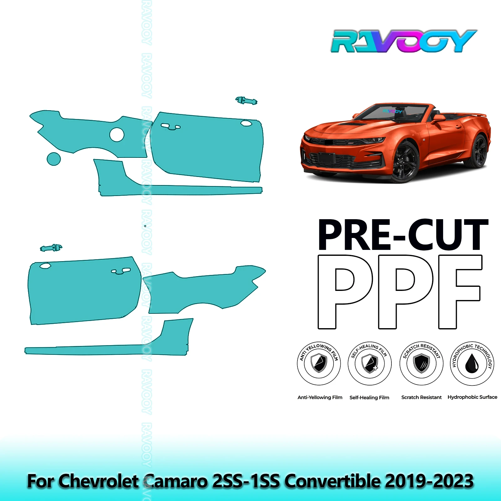 

For Chevrolet Camaro 2SS-1SS Convertible 2019-2023 8.5mil Pre-Cut PPF Door & A/B Pillar Kit TPU Paint Protection Film Set