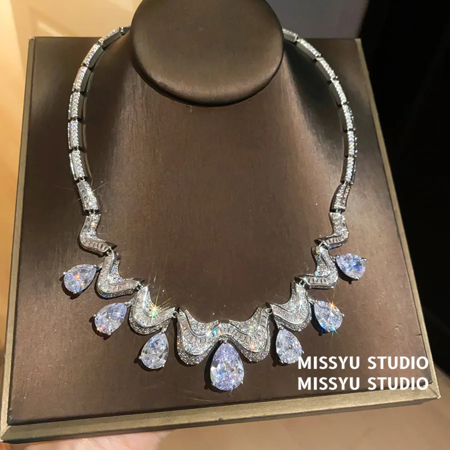 Luxury Teardrop Cubic Zirconia Necklace Elegant Bridal Jewelry High-end Women Wedding Dinner Party Gift