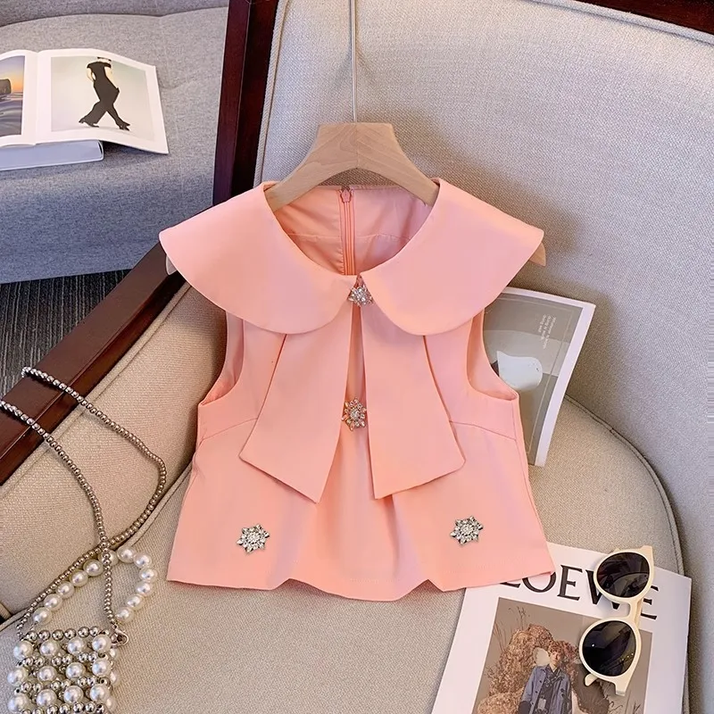 

Summer Sweet Doll Collar Beaded Vest Shirt Women's 2024 New French Commuter High Quality Slim-Fit Thin Short Top Trendy