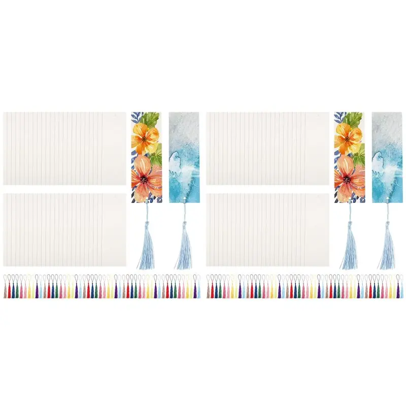 B03C-100X Watercolor Paper Blank Bookmarks With Colorful Tassels DIY Book Marks Kit,Bookmark Pad For DIY Classroom