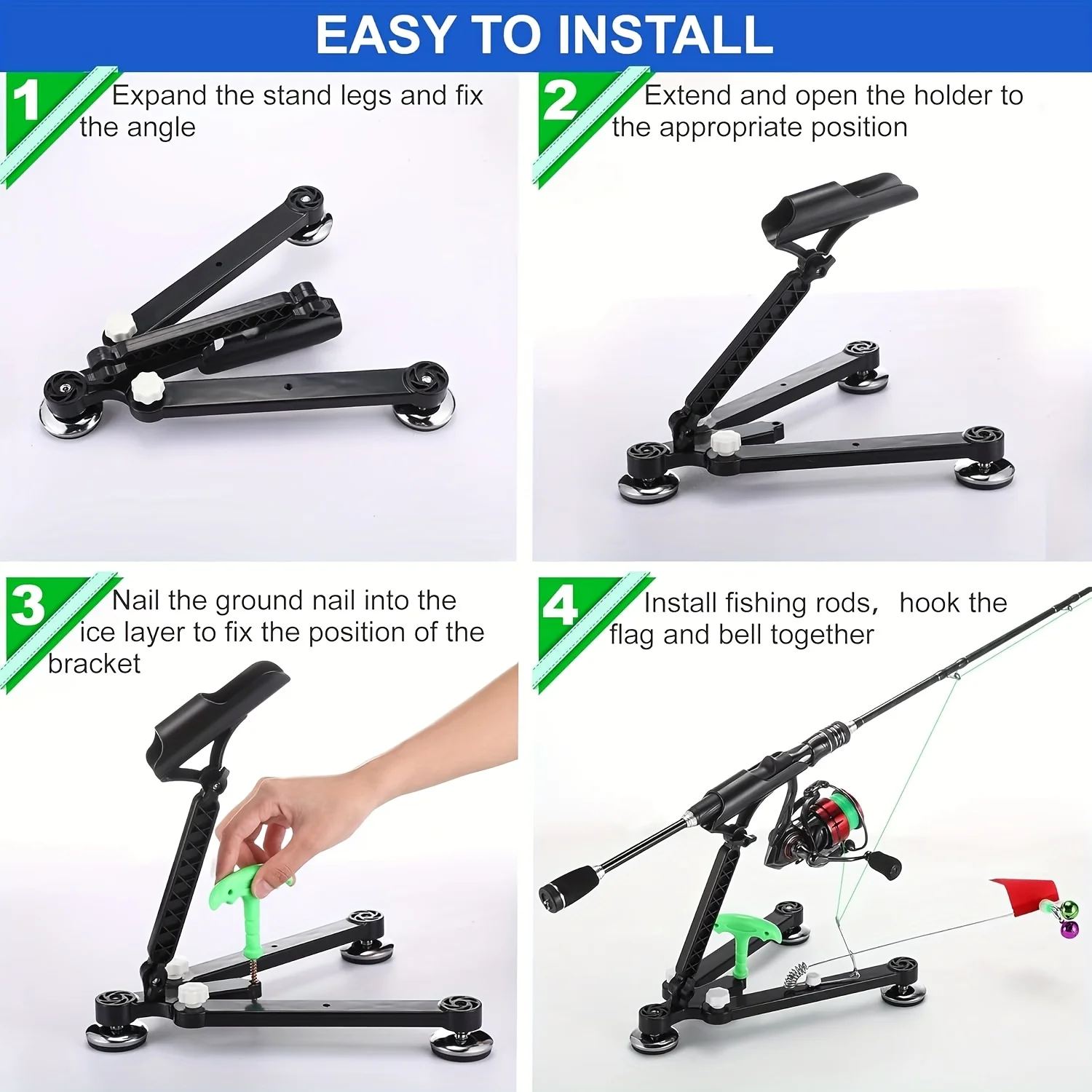 حامل صنارة صيد الجليد قابل للطي مع جرس وعلم - دعامة متوافقة مع اوجير الثلج قابلة للتعديل، ملحقات صيد شتوية محمولة #3