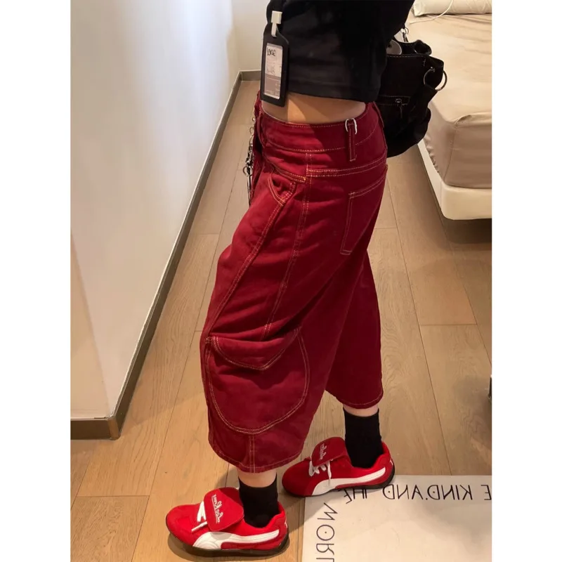 Retro Red Jeans Cropped Pants Women 2025 Eur Us R Summer Modern Neutral Deconstruction Pocket Curved Knife Workwear Shorts New