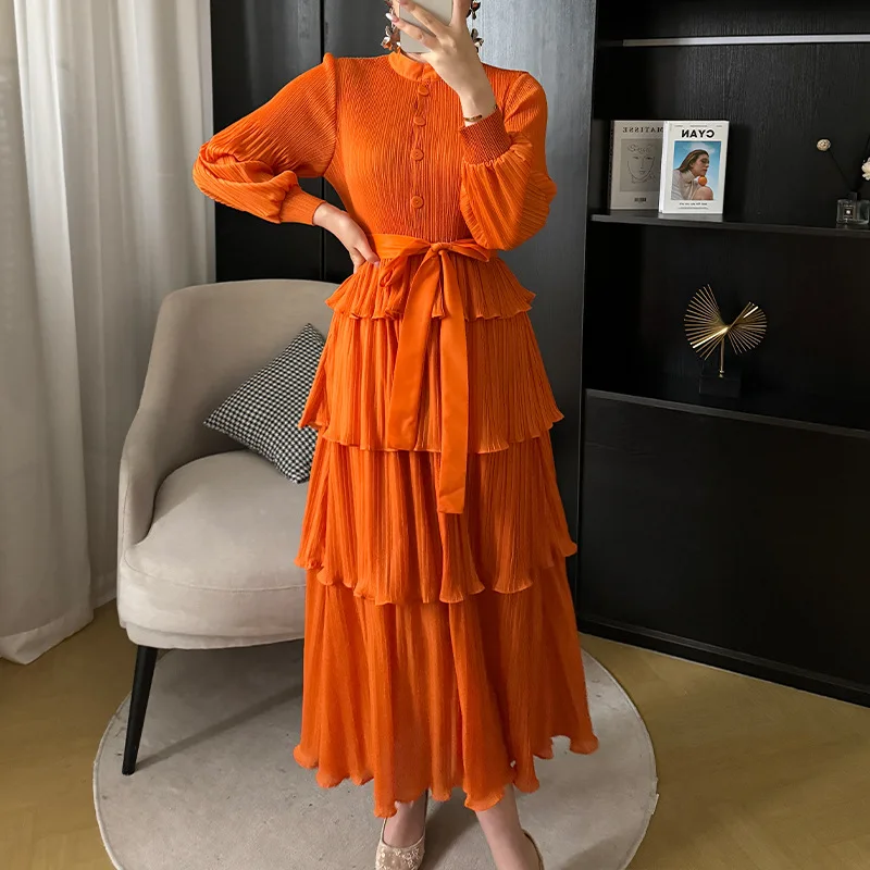 Pleats Original Pleated 2024 Summer New Niche Design Pleated Wooden Ear Ruffled Loose Thin Dress Long Section Women Clothing