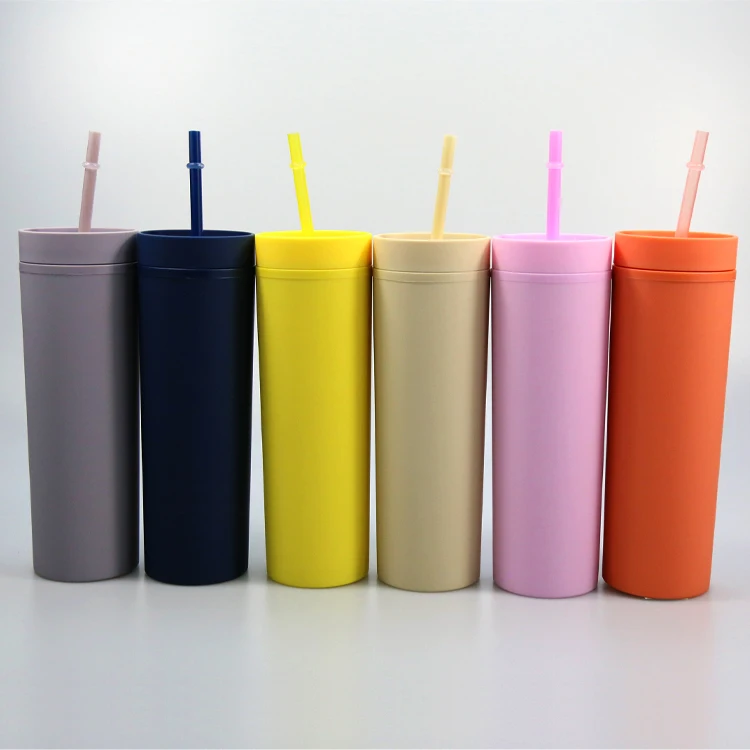 High Quality Custom Reusable Matte Color Plastic Mug 16oz Slim Acrylic Double Wall Tumblers With Straw