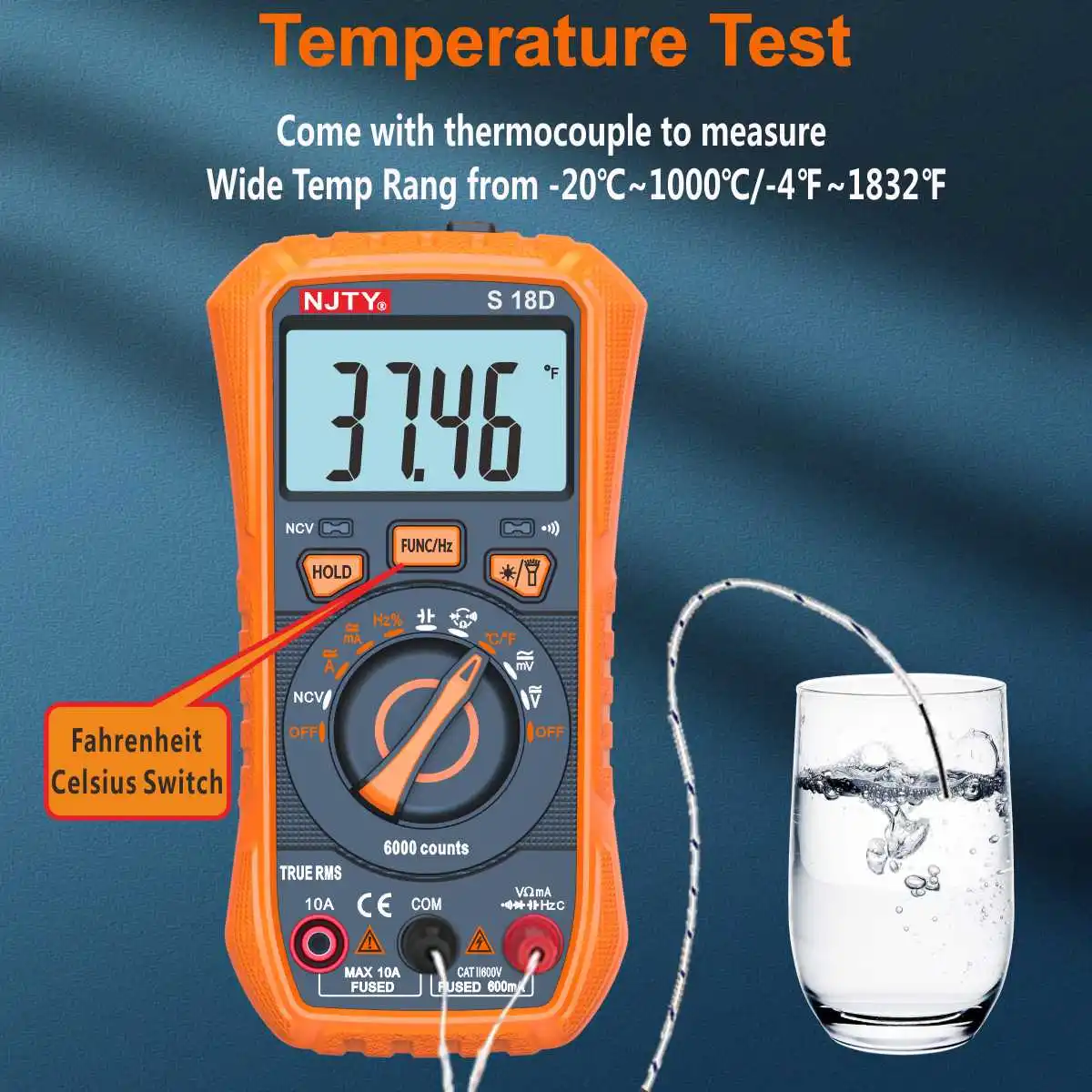 NJTY S18D/A Digital Multimeter Handheld Voltmeter Capacitance Resistance Diode Temperature Tester Backlit LCD AUTO Range AC/DC