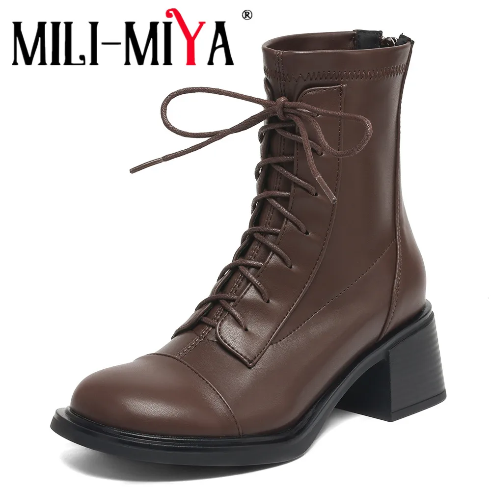 

MILI-MIYA/Новое поступление, женские ботильоны из микрофибры, женские ботильоны с круглым носком на толстом каблуке и молнии, большие размеры 34–43, ручная работа