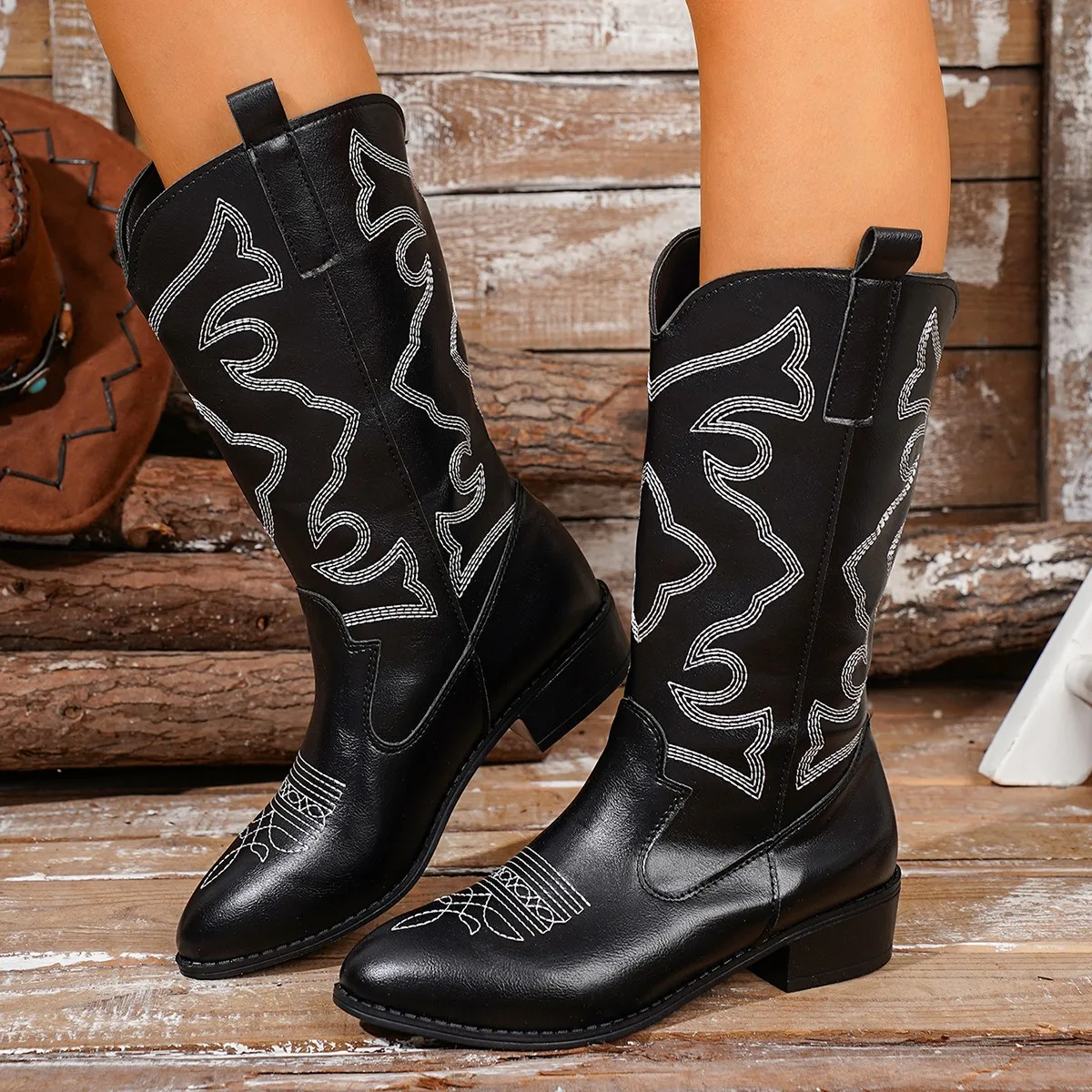 Damenstiefel, klassische Western-Cowboystiefel mit Stickerei, modische Stiefel bis zum Knie, Damen-Freizeitstiefel aus Leder, Botas Feminina – Detail 9
