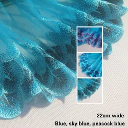 Niebieska siatka Peacock Feather wzór haftowana koronkowa tkanina DIY odzież Cheongsam kostium rozpuszczalny w wodzie Hem wykończenia Dentelle