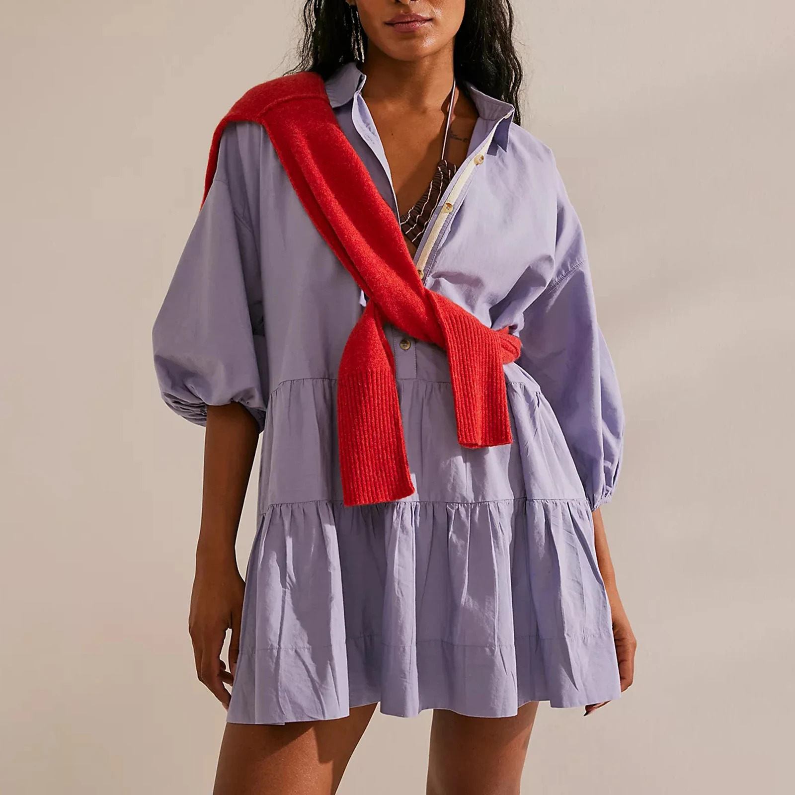 

Women A Line Mini Dress Casual Loose Fit Solid Color Lapel Collar Button Dress Trendy Pleated Tiered Short Dress