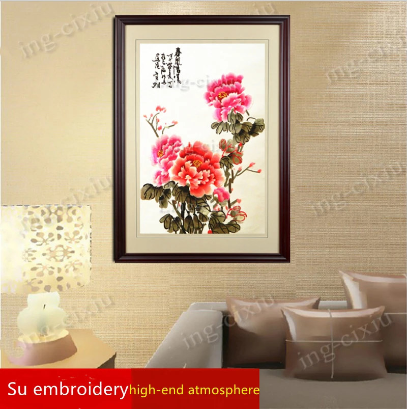 Mural high-grade silk embroidery peony living room bedroom tea restaurant porch interior boutique decorative painting gift paint