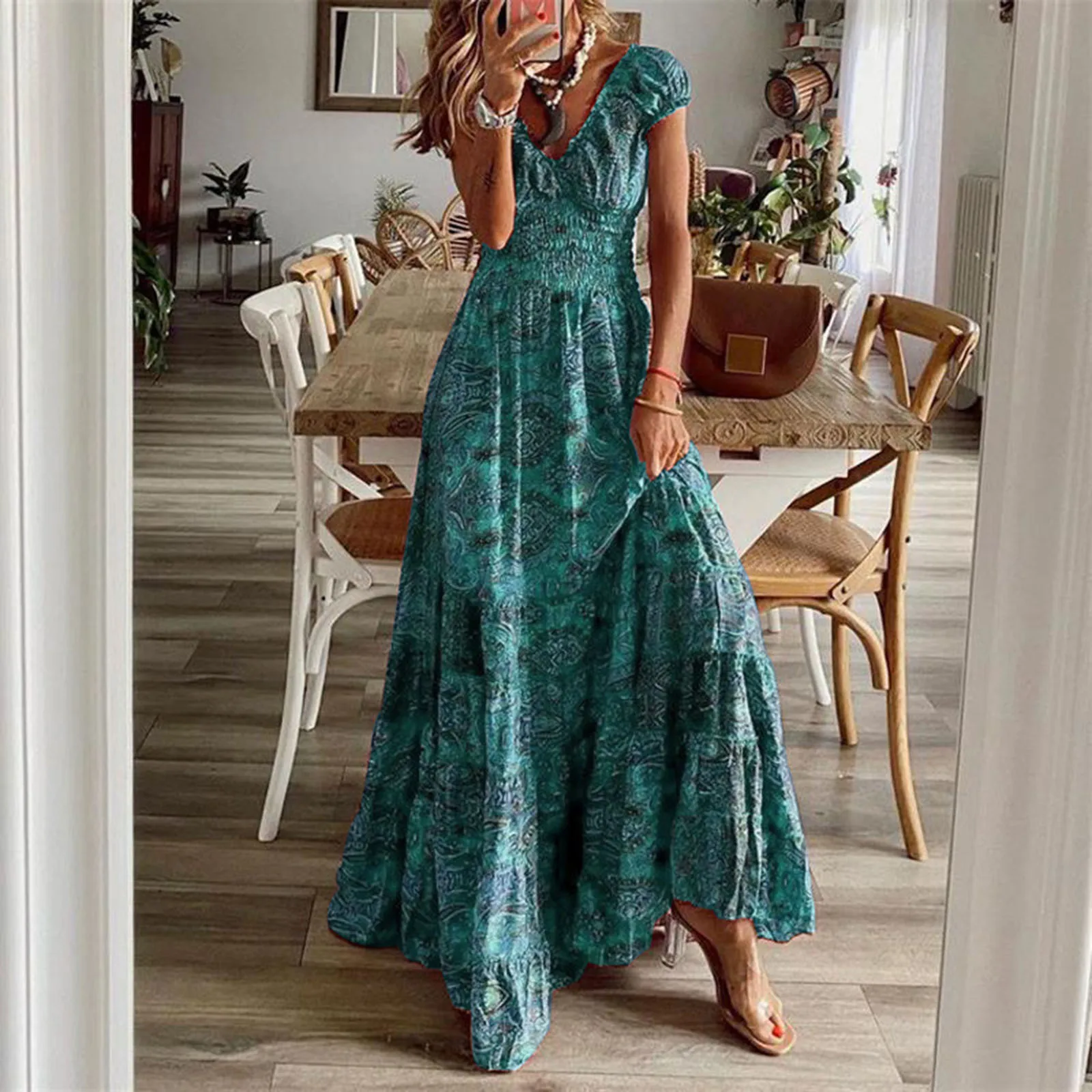 

New Boho Vintage Printed Long Maxi Dresses For Women 2024 Summer Elegant V Neck Short Sleeve Dress Casual Large Hem Beach Dress