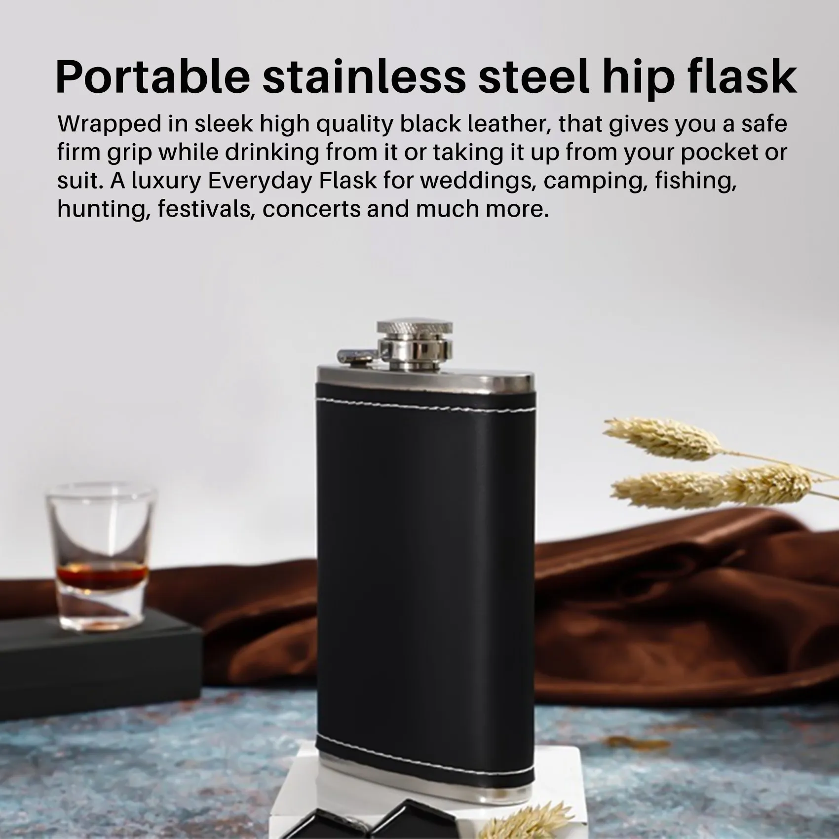 PZHI-Pocket Hip Flask 8 Oz With Funnel Stainless Steel With Black Leather Wrapped Cover And Leak Proof - Fits Any Suit For Discr