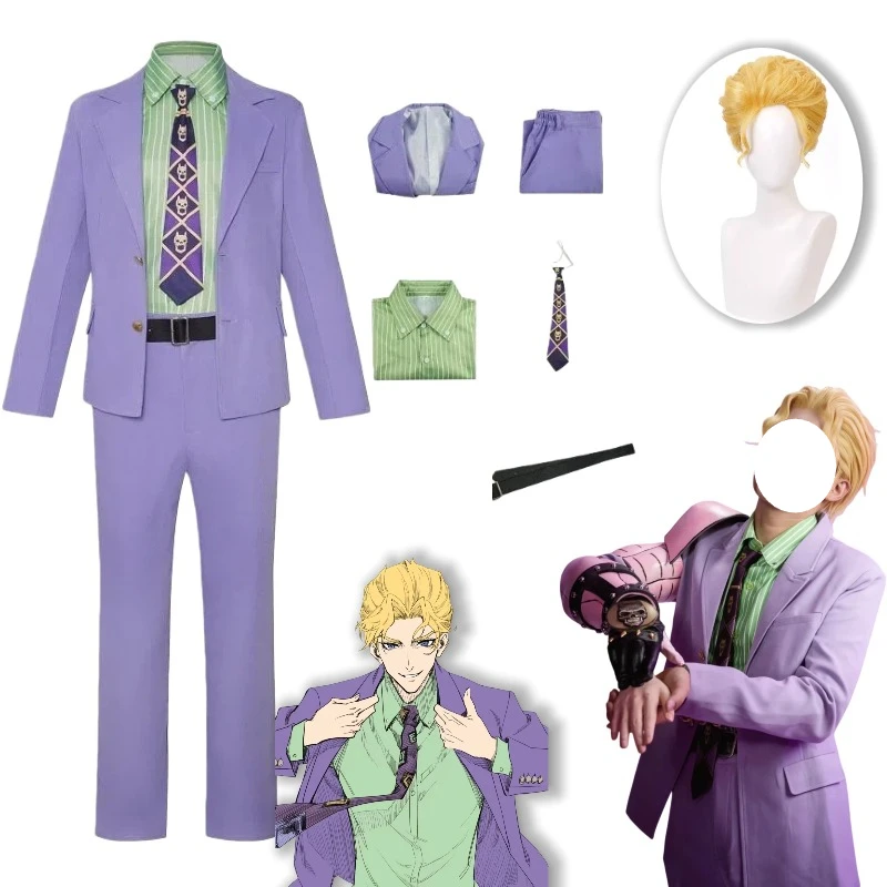 

Anime Kira Yoshikage Costume Cosplay Green Shirt Purple Suit with Accessories Wig Full Set Role Play Outfit for Men Theme Party