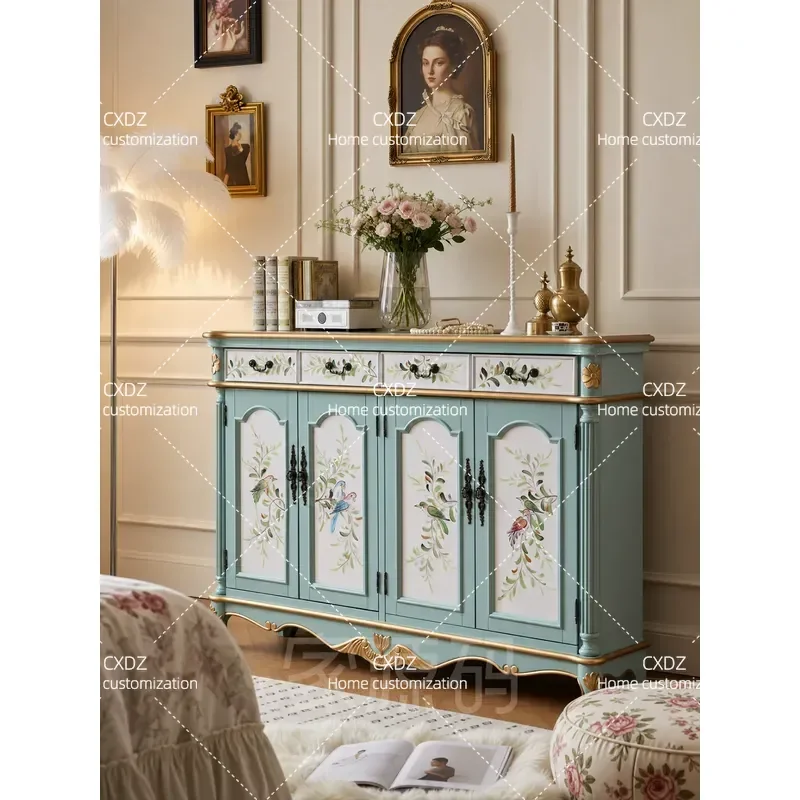 Pastoral Hand Painted Shoe Cabinet Rural Wood Grain Four Door Storage Flower Bird Pattern Dining Sideboard Retro Entrance
