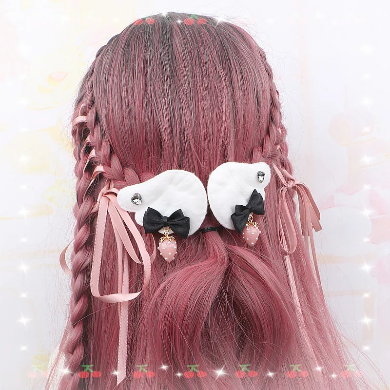 Jirai Kei Cute Cool Wings Hair Clips Strawberry Pendant Hairpin Rhinestone Handmade Small Bow Playful Girl's Gift Hairwear
