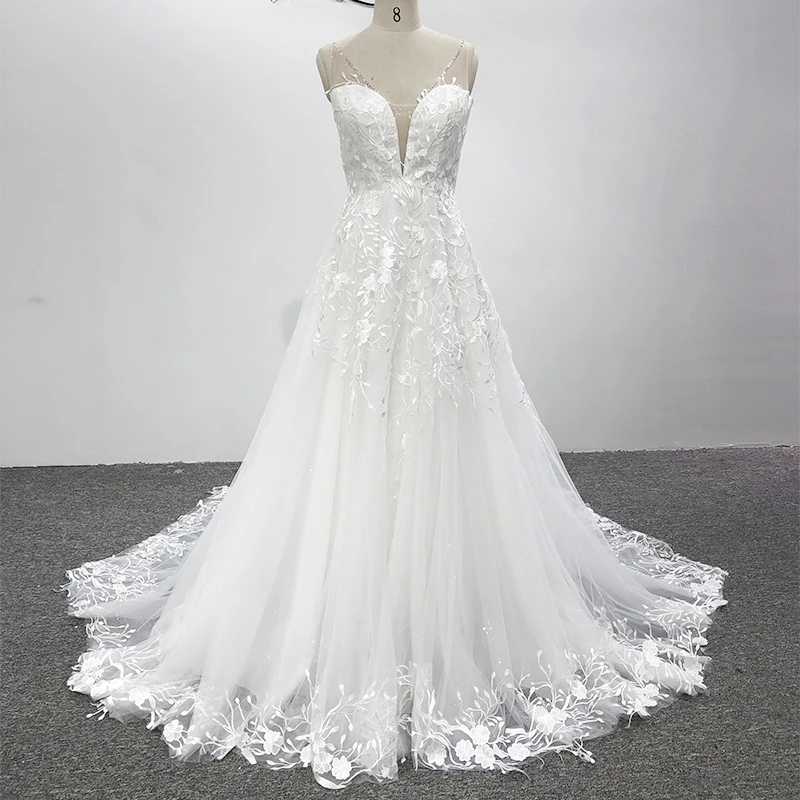 Customized Elegant Embroidery Lace Bridal Dresses Sexy V-neck Long Sleeve Sweep Train Mermaid Wedding With Crystal