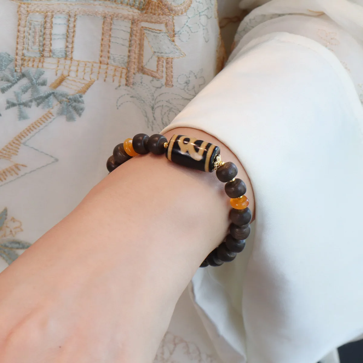 Ruifan Natural Fragrant Agarwood Buddha Beads Beaded Strand Bracelets for Women Men Vintage Tibetan Agate Dzi Bead Bracelet 1596