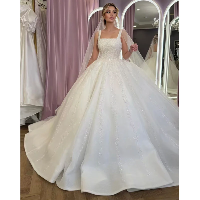 Luxurious Wedding Dress Organza With Embroidery Pearls Sequins Ballgown Sleeveless Square Collar Customized Bride Vestido De Nov