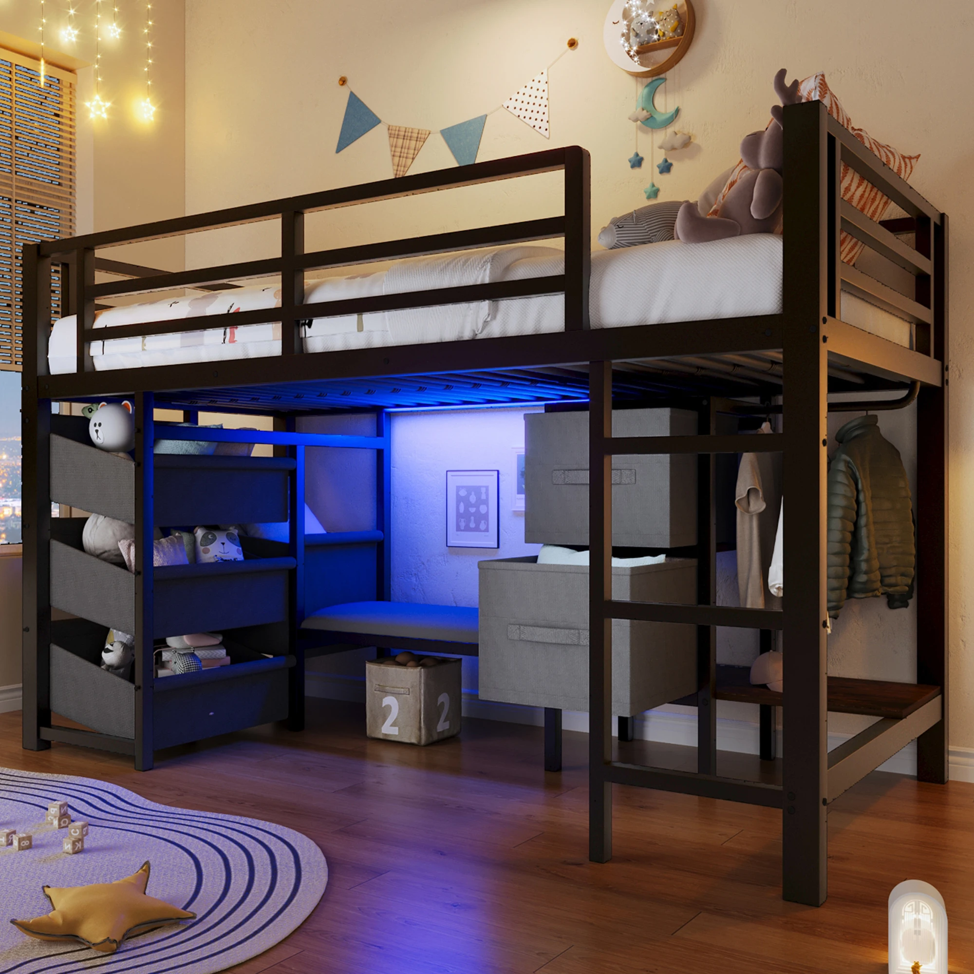 90*200 cm Hochbett, Stoff-Aufbewahrungsschublade, Stoff-Aufbewahrungstasche, mehrfarbige LED-Beleuchtung, Kleiderhakenbereich ohne Matratze
