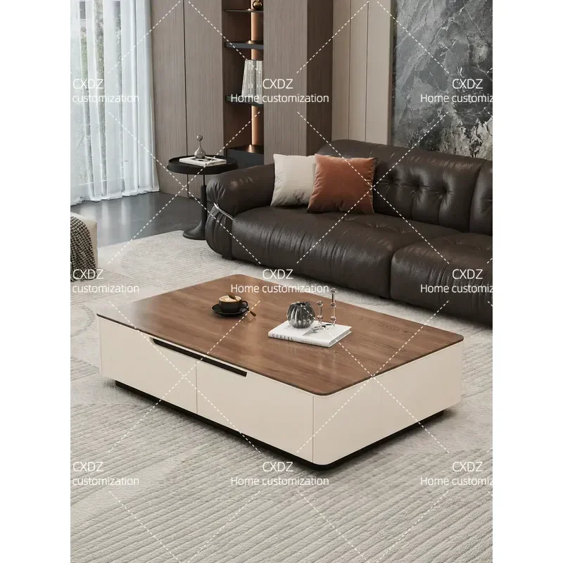 Solid Wood Coffee Table with Rock Slab Top Rectangular Storage Tea Table for Living Room Apartment Cream Simple High End