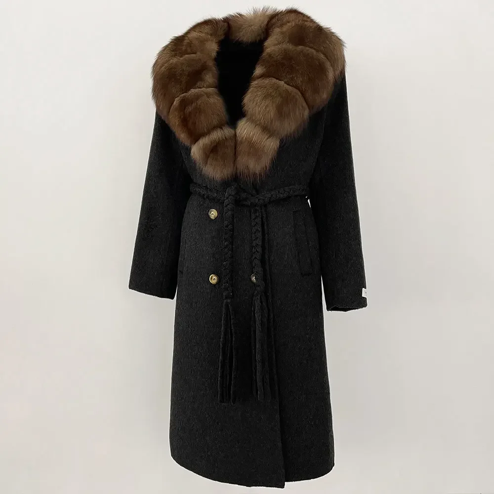 MENINA Autumn Winter Real Raccoon Fox Fur Collar Long Woven Belt Thick Warm Lapel Wool Blends Coat Women Outerwear Streetwear