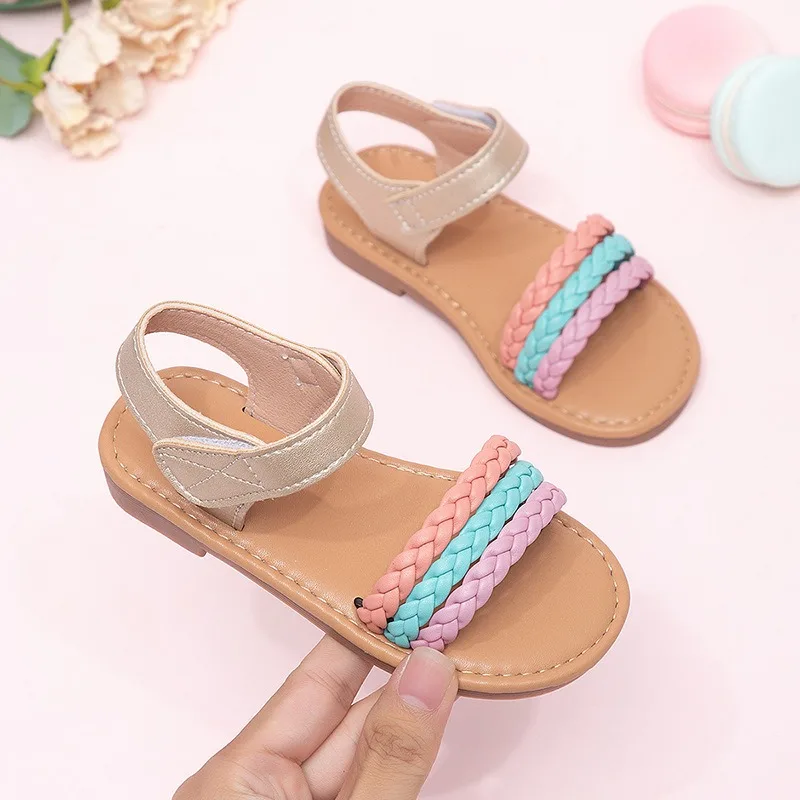 New Children Open-toe Flat Non-slip Water Shoes Summer Girls Woven Beach Sandals Kids Single-strap Roman Casual Sandals Everyday