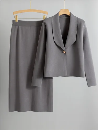 Imagen 2 del producto Conjuntos de 2 piezas de punto elegantes para mujer, cárdigan de punto de manga larga con cuello de solapa, Tops, conjuntos de faldas de cintura alta lisas