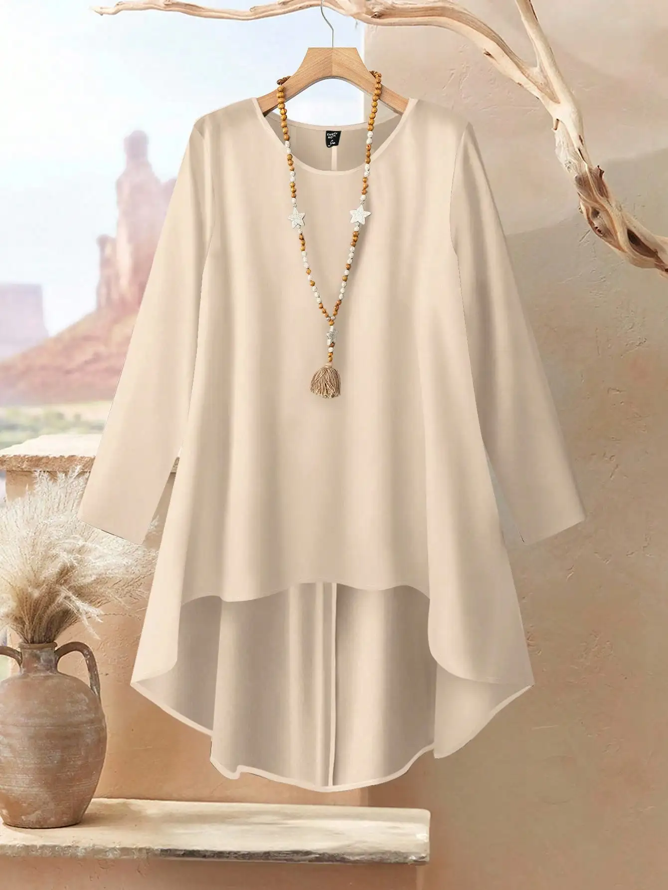 Beige High-Low Top & Leaf Print Wide Leg Pants Set