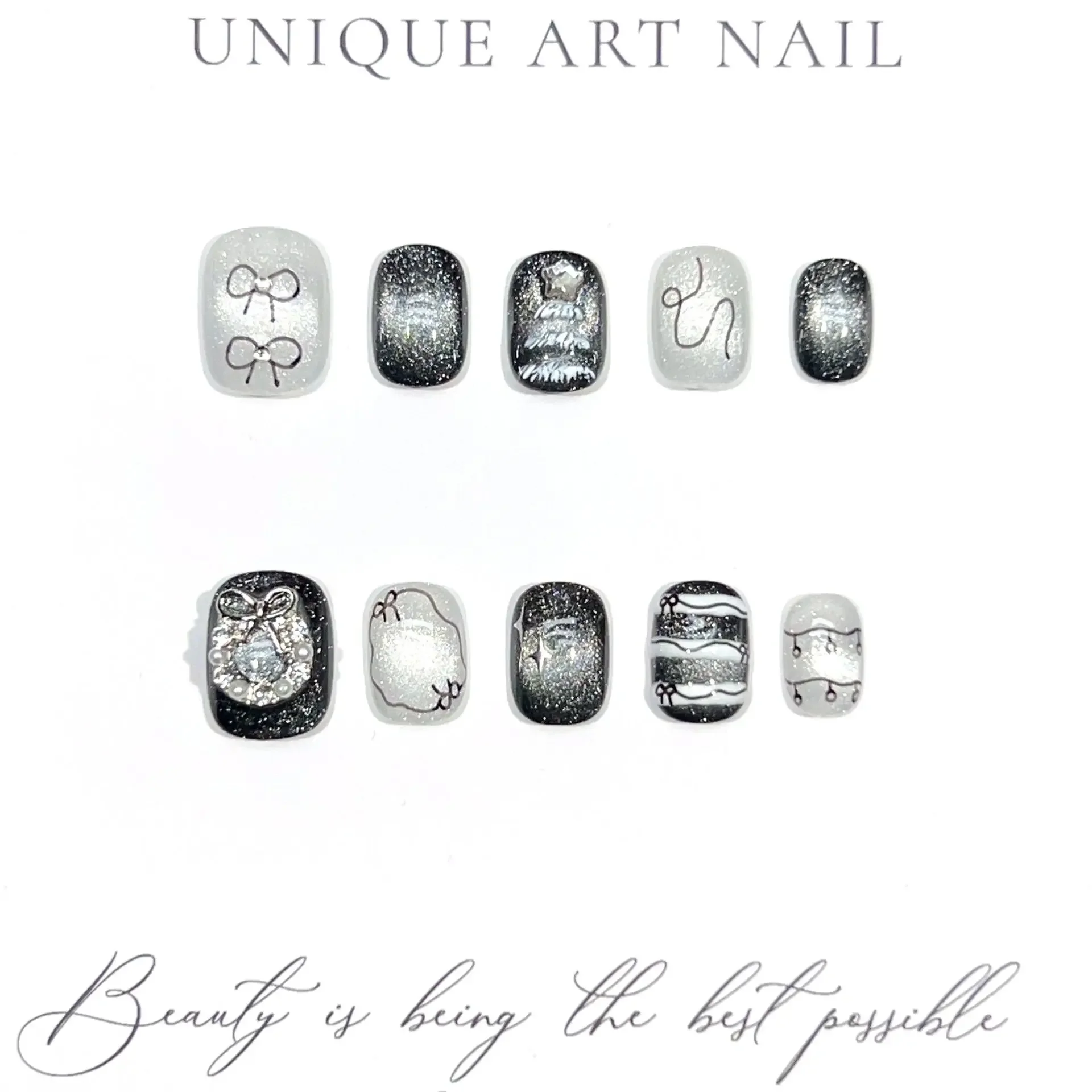 الشتاء الأرز قصيرة الصحافة على الأظافر اليدوية أبيض وأسود اللون الصدام عين القط سوبر بريق القوس بقع الأظافر وهمية #2