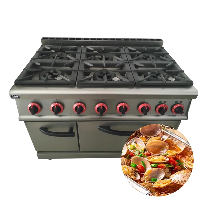 Commercial stainless steel high quality kitchen equipment gas six burner clay pot stove with electric oven