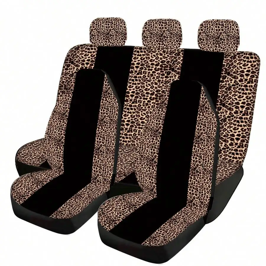 5pcs Leopard Print Car Seat Covers With Black Stripes Ice Silk Breathable Universal Fit For Sedan SUV Van