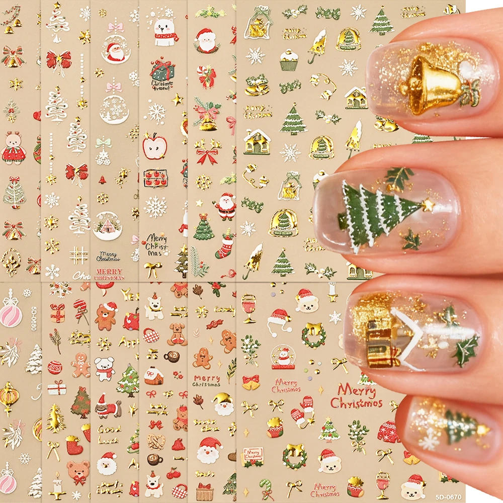 5D Gold-bronzing Christmas Trees Series Nail Stickers Santa-Claus Self Adhesive Decals New Year's Vibe Xmas Nail Art Decorations