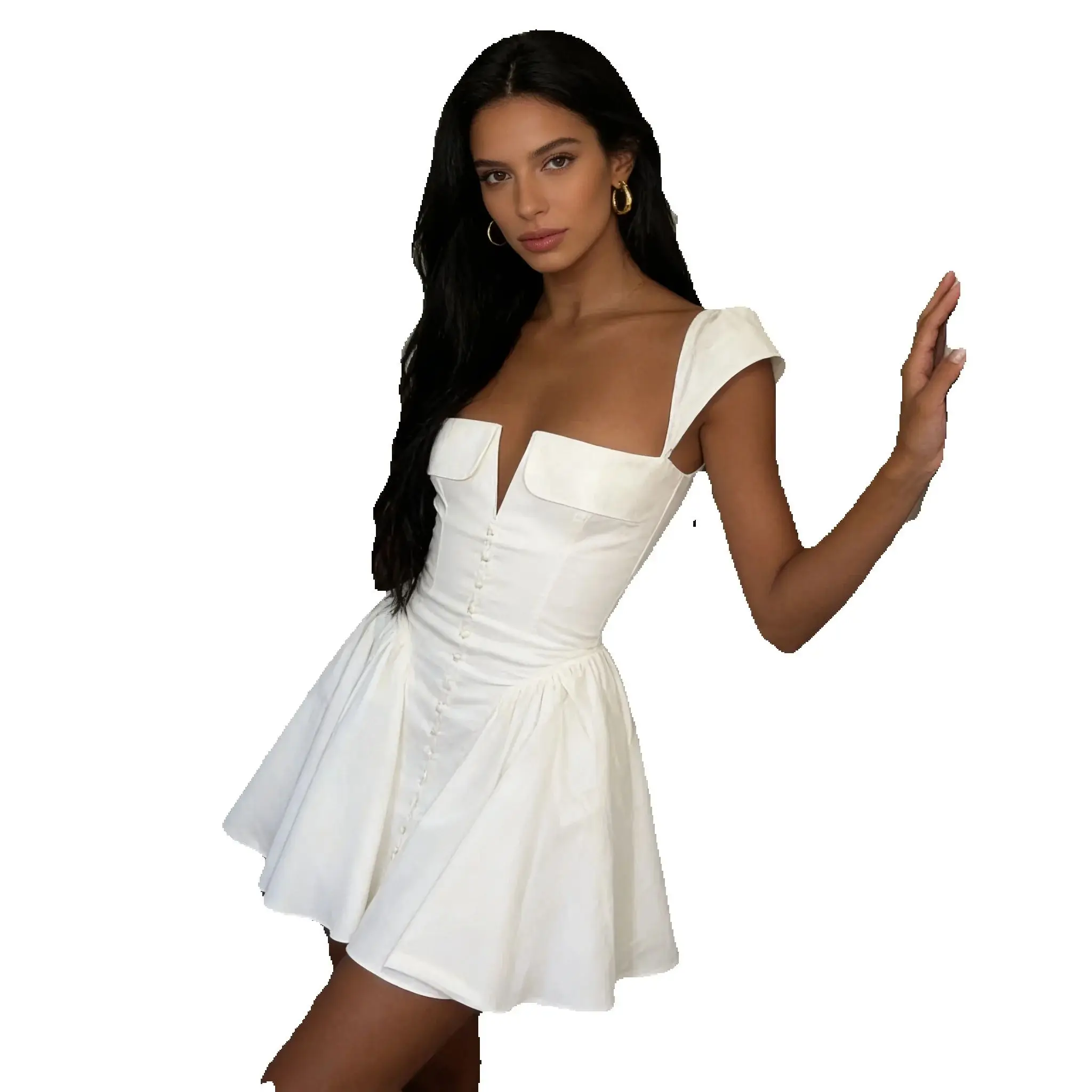 Elegante fit-and-flare mini-jurk met vierkante hals en uitsnijding Trendy korte jurk met knopen voor dames Modieuze gevouwen cocktailjurk - afbeelding 2
