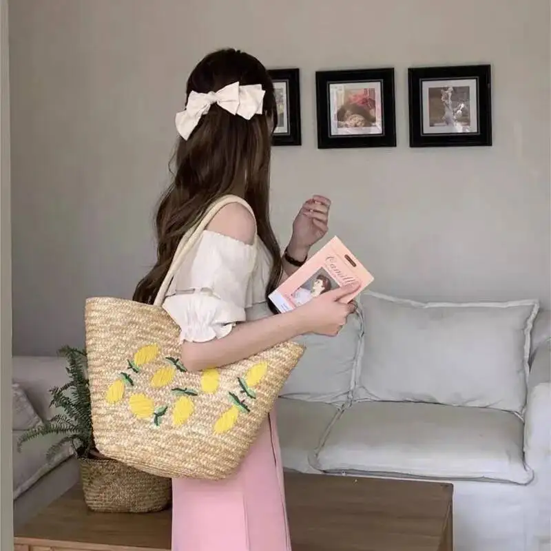 

Handmade Knitted Tote Women Mango Embroidered Straw Handbag Ladies Casual Vacation Versatile Large Capacity Shoulder Bag New