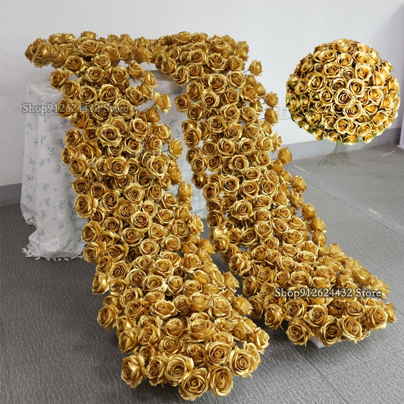 

Новый золотой стиль, искусственный цветок розы, шар, скатерти, цветочная композиция, фон для мероприятий, цветочная свадебная арка, декор для вечеринки